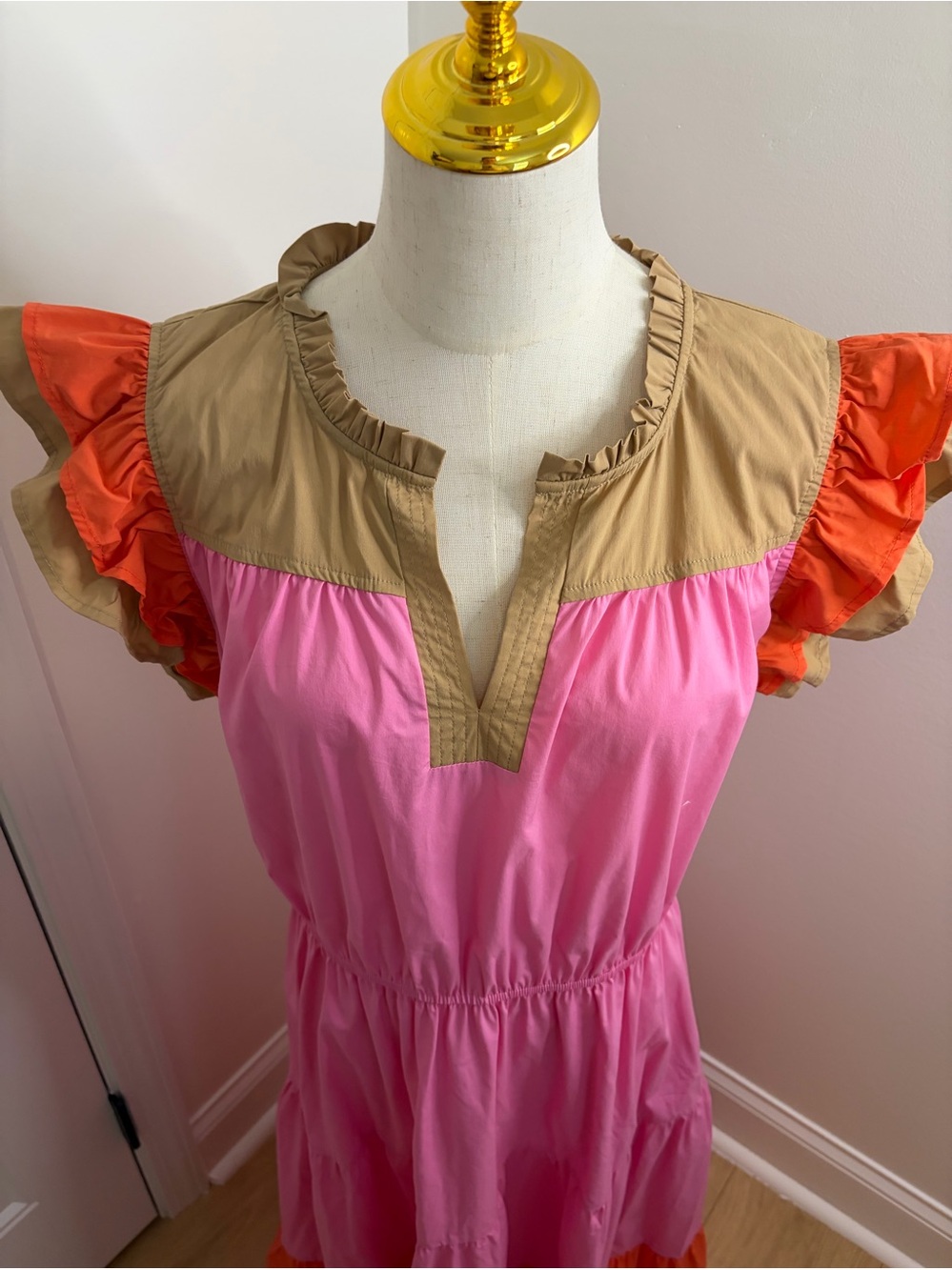 Tiered Pink Cotton-Blend Dress with Tan Yoke and Orange Ruffle Sleeves